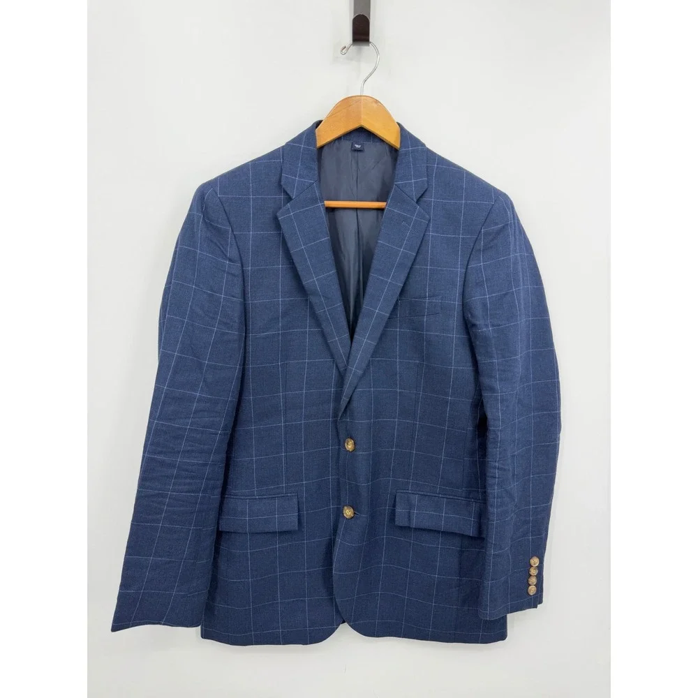 J.Crew Thompson Blazer Mens 38R Navy Blue plaid Linen Cotton Sport Coat H5117